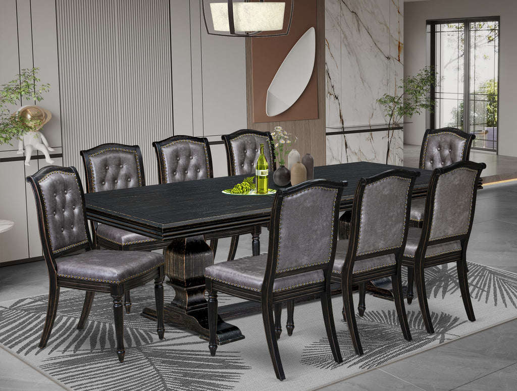 Luxe by East West Furniture - NKMA9-SBB-34 - 9-piece Dining Table Set consists of a Wooden Dining Table and 8 Dark Grey PU Leather Parsons Chairs with Button Tufted Back - Sand Blasting Black Finish