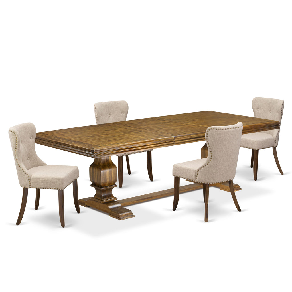 Luxe by East West Furniture NKSI5-AWA-04 5-piece Kitchen Table Set consists of a Dining Table and 4 Light Tan Linen Fabric Dining room Chairs with Button tufted Back - Antique Walnut Finish