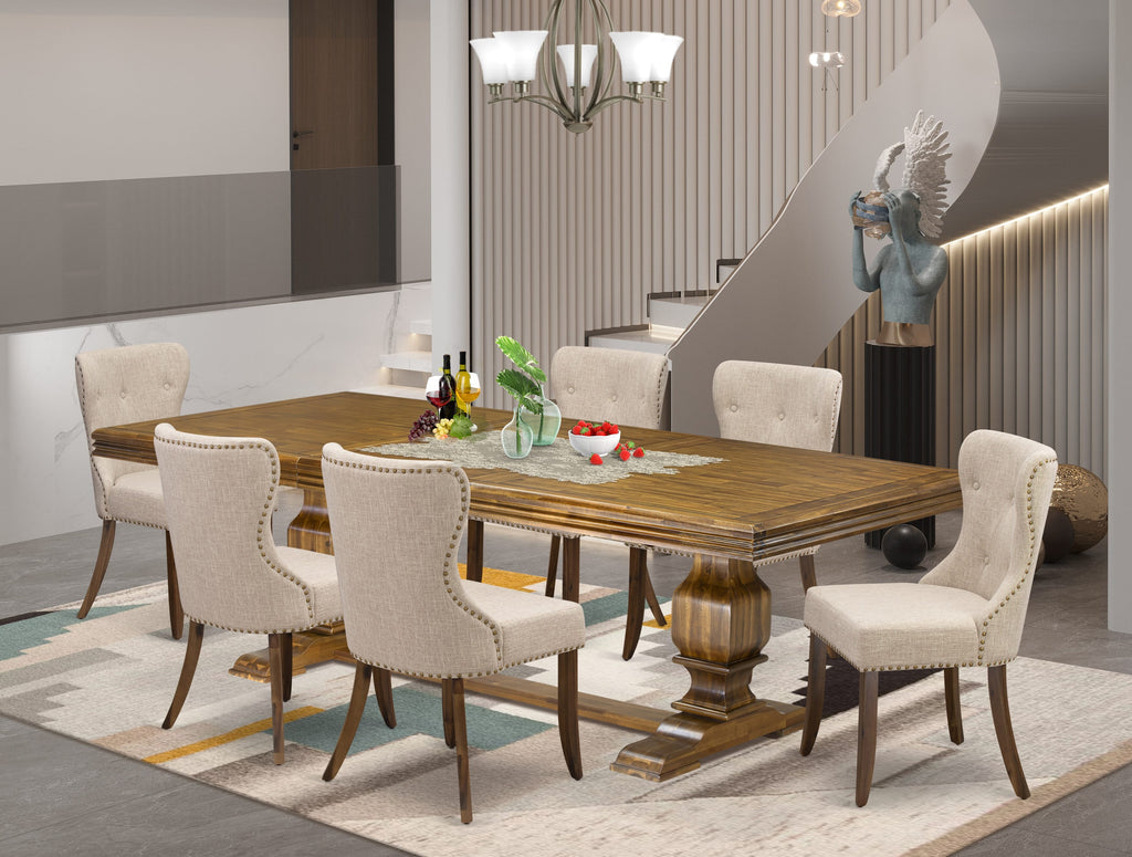 Luxe by East West Furniture NKSI7-AWA-04 7-piece Modern Dining Table Set includes a Kitchen Table and 6 Light Tan Linen Fabric Dining room Chairs with Button tufted Back - Antique Walnut Finish