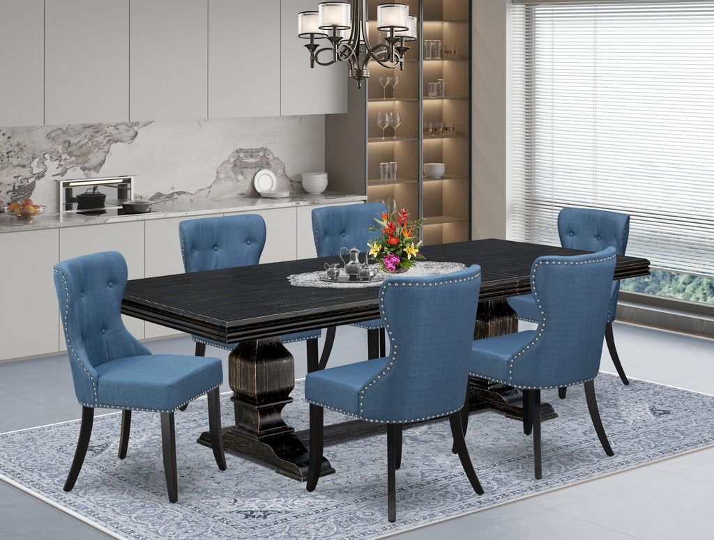 Luxe by East West Furniture - NKSI7-SBB-21 - 7-piece Dining Table Set consists of a Dinning Table and 6 Blue Linen Fabric Padded Chairs with Button Tufted Back - Sand Blasting Black Finish