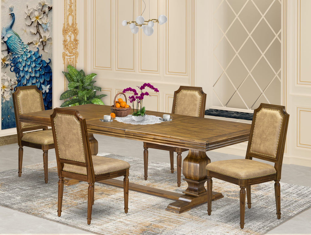 Luxe by East West Furniture NKTY5-AWA-28 5-piece Modern Dining Table Set consists of a Kitchen Table and 4 Beige PU Leather Dining room Chairs with High Back-Antique Walnut Finish