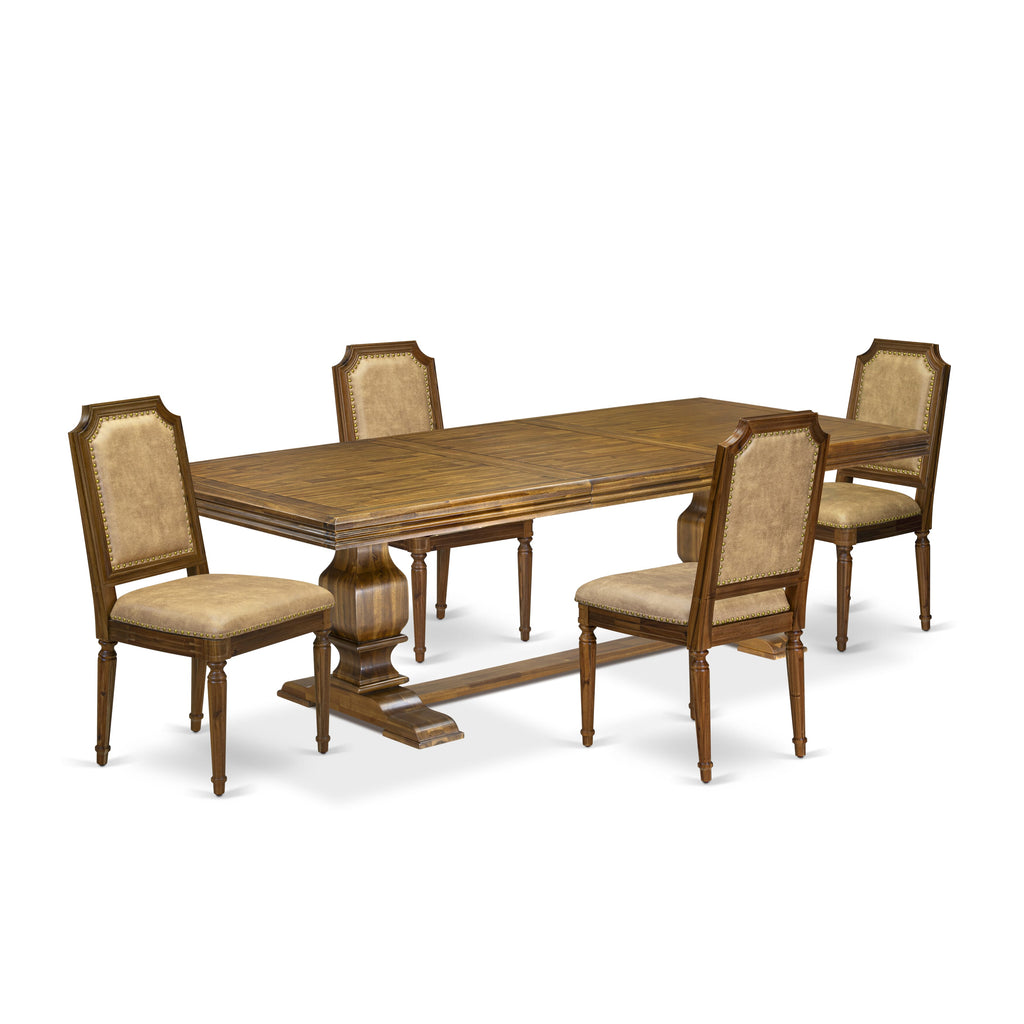 Luxe by East West Furniture NKTY5-AWA-28 5-piece Modern Dining Table Set consists of a Kitchen Table and 4 Beige PU Leather Dining room Chairs with High Back-Antique Walnut Finish