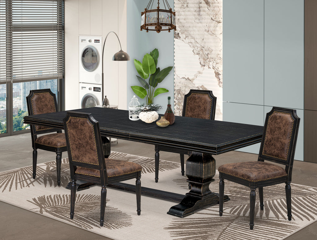 Luxe by East West Furniture NKTY5-SBB-33 5-piece Kitchen Table Set consists of a Modern Dining Table and 4 Brown Textured PU Leather Dining Chairs with High Back-Sand Blasting Black Finish