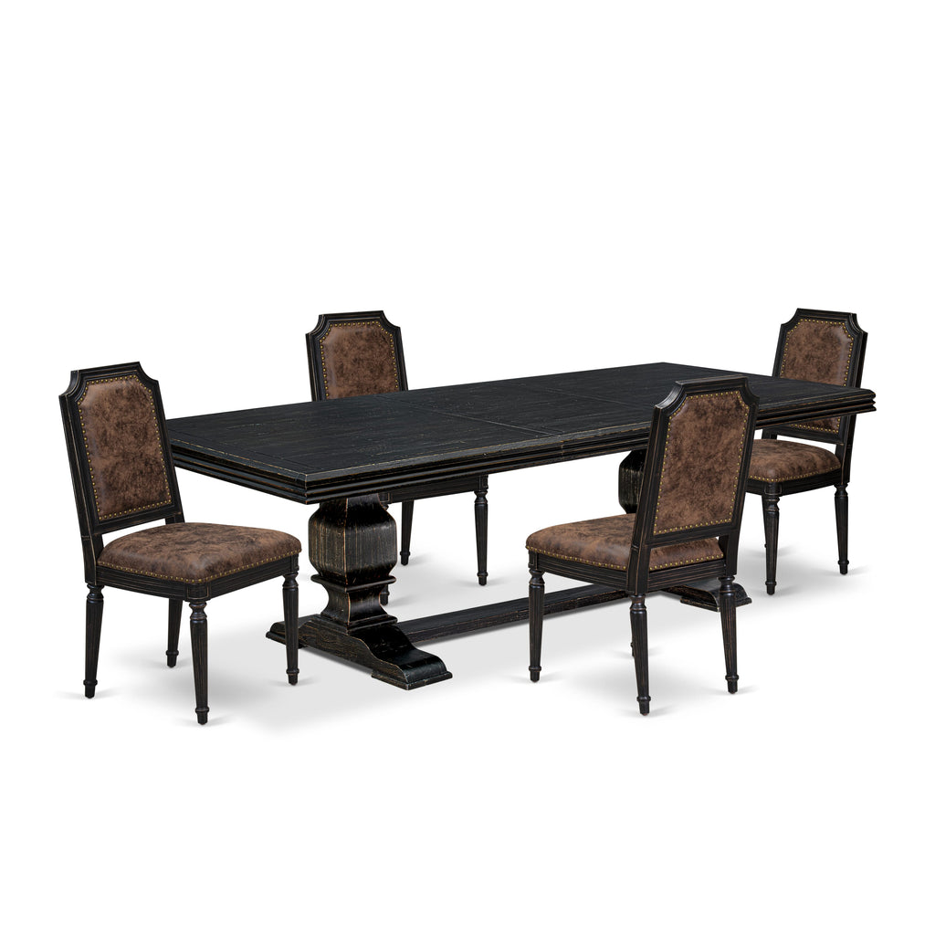 Luxe by East West Furniture NKTY5-SBB-33 5-piece Kitchen Table Set consists of a Modern Dining Table and 4 Brown Textured PU Leather Dining Chairs with High Back-Sand Blasting Black Finish