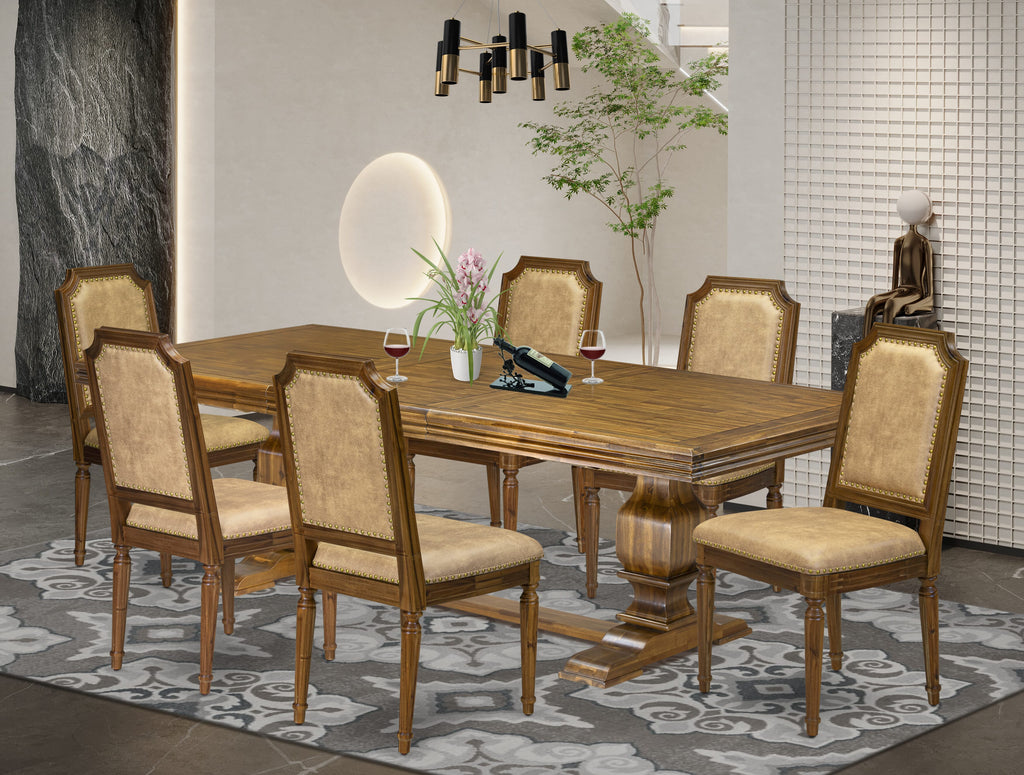 Luxe by East West Furniture NKTY7-AWA-28 7-piece Dining Table Set includes a Modern Dining Table and 6 Beige PU Leather Kitchen Chairs with High Back-Antique Walnut Finish