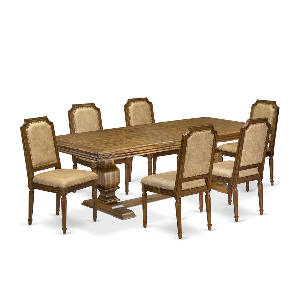 Luxe by East West Furniture NKTY7-AWA-28 7-piece Dining Table Set includes a Modern Dining Table and 6 Beige PU Leather Kitchen Chairs with High Back-Antique Walnut Finish