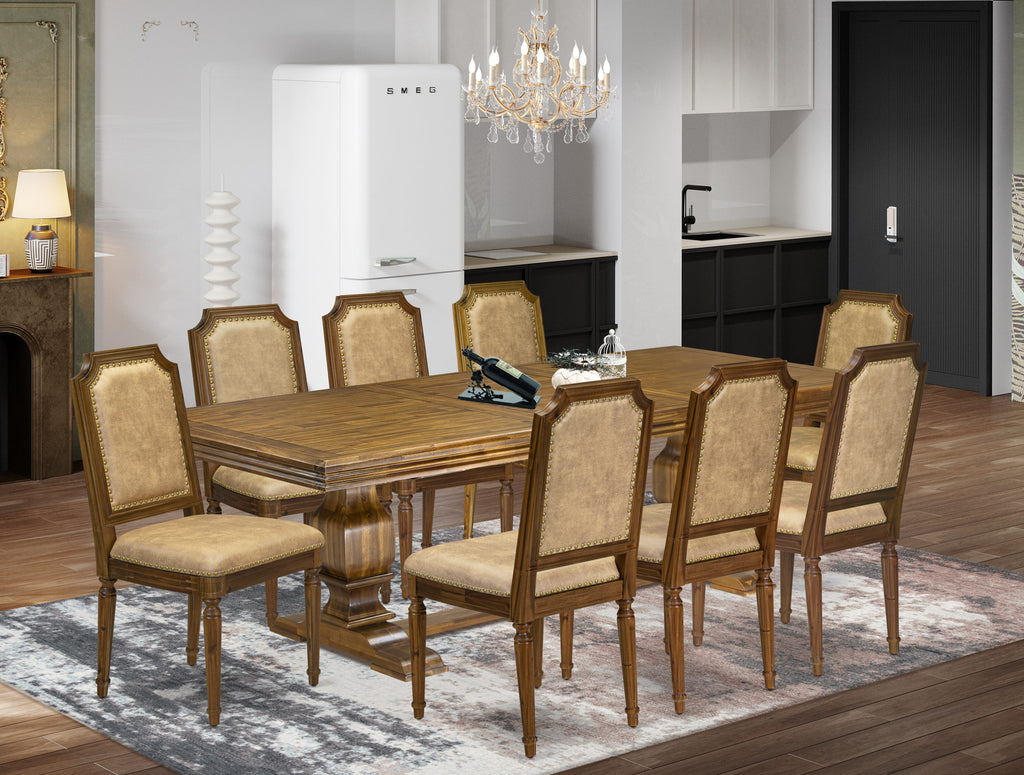 Luxe by East West Furniture NKTY9-AWA-28 9-piece Kitchen Table Set consists of a Dining Table and 8 Beige PU Leather Dinner Chairs with High Back-Antique Walnut Finish