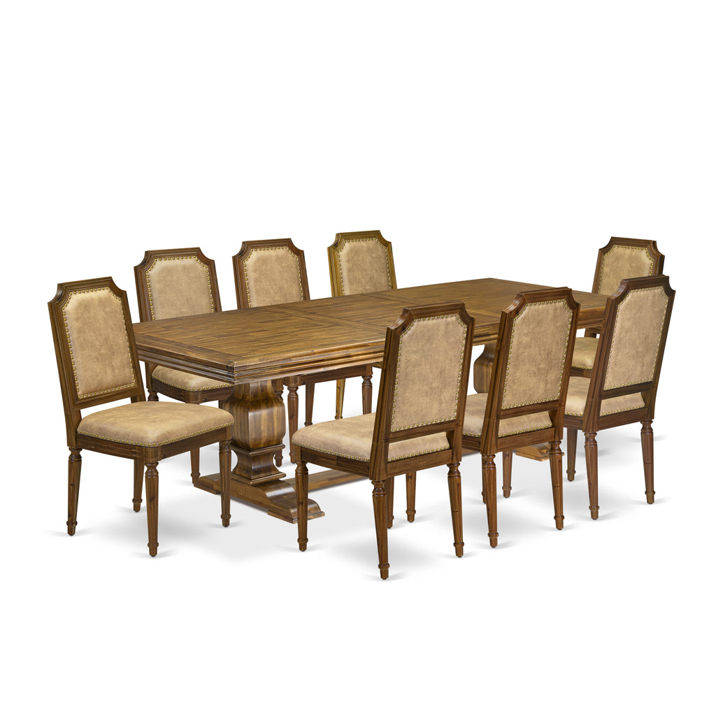 Luxe by East West Furniture NKTY9-AWA-28 9-piece Kitchen Table Set consists of a Dining Table and 8 Beige PU Leather Dinner Chairs with High Back-Antique Walnut Finish