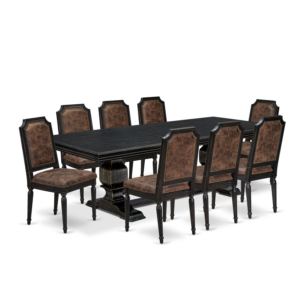 Luxe by East West Furniture NKTY9-SBB-33 9-piece Dining Table Set consists of a Dining Table and 8 Brown Textured PU Leather Kitchen Chairs with High Back-Sand Blasting Black Finish