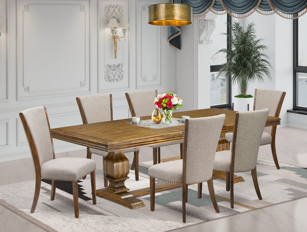 Luxe by East West Furniture NKVE7-AWA-04 7-piece Dining Table Set includes a Modern Dining Table and 6 Light Tan Linen Fabric Kitchen Chairs with Button tufted Back - Antique Walnut Finish