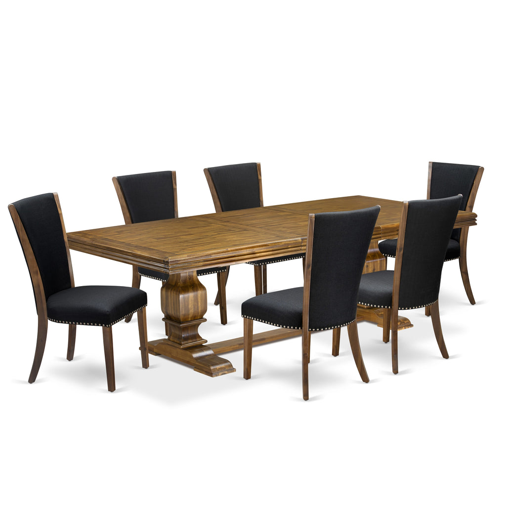 Luxe by East West Furniture NKVE7-AWA-24 7-piece Mid-Century Dining Table Set consists of a Dining Table and 6 Black Linen Fabric Kitchen Chairs with Button tufted Back - Antique Walnut Finish