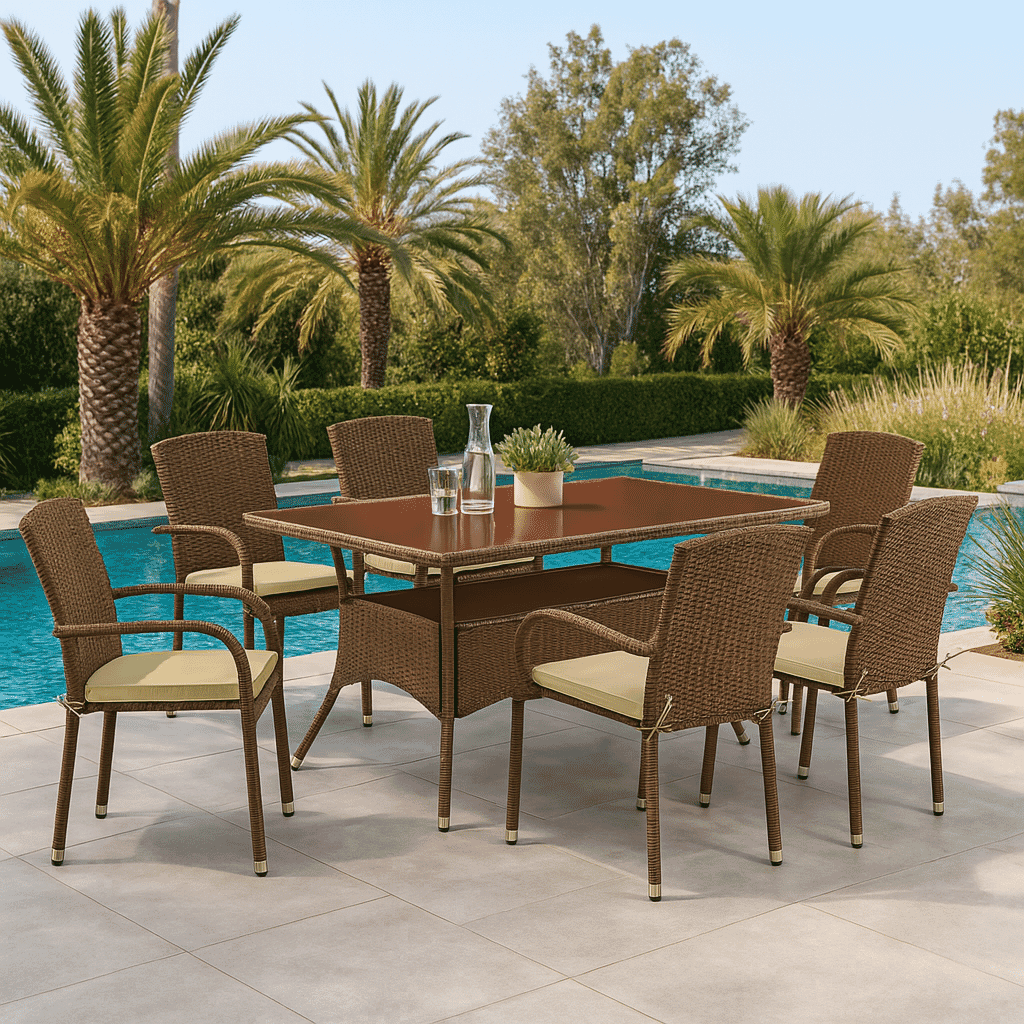 East West Furniture OSJU7-02A 7 Piece Outdoor Wicker Patio Furniture Sets Consist of a Rectangle Bistro Dining Table with Glass Top and 6 Balcony Armchair with Cushion, 36x60 Inch, Brown