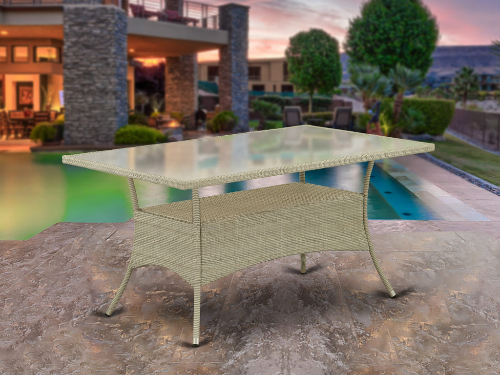 East West Furniture OSLTG03 Oslo Patio Wicker Dining Table - Rectangle PE Wicker Table with Glass Top