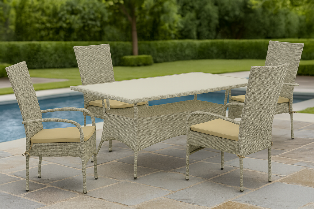 East West Furniture OSOS5-03A 5 Piece Outdoor Patio Conversation Sets Includes a Rectangle Wicker Dining Table with Glass Top and 4 Balcony Backyard Armchair with Cushion, 36x60 Inch, Natural Linen