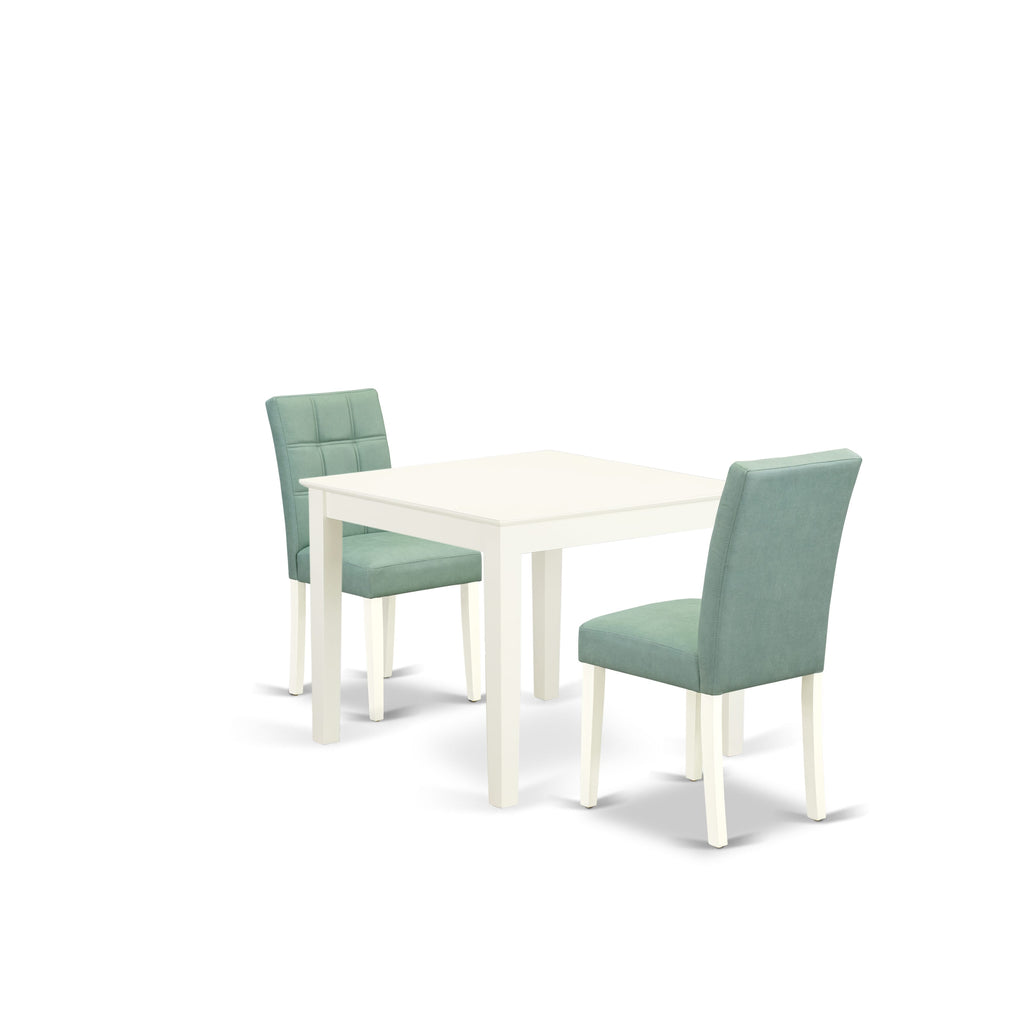 East West Furniture OXAS3-LWH-43 3 Piece Mid Century Modern Dining Set contain A Dinning Table and Willow Green Faux Leather 2 Dining Room Chairs, Linen White