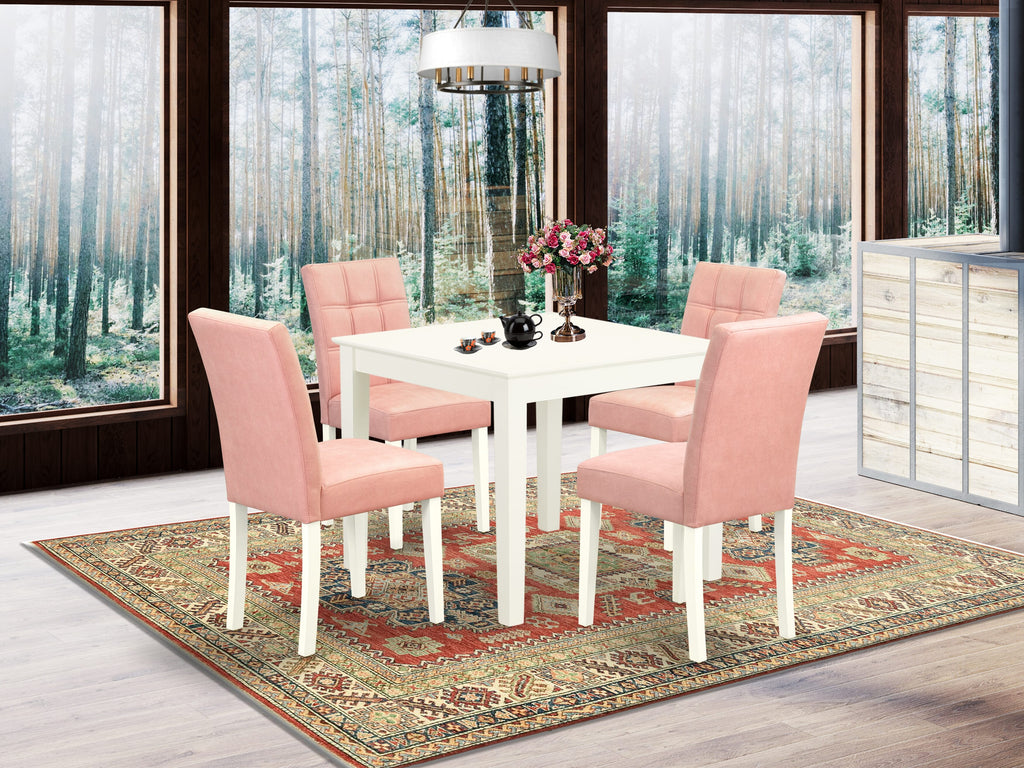 East West Furniture OXAS5-LWH-42 5 Piece Dinette Table Set consists A Kitchen Table and 4 Beige Red Faux Leather Padded Chairs with Stylish Back- Linen White Finish