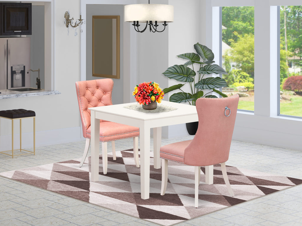 East West Furniture OXDA3-LWH-23 3 Piece Dining Room Table Set Includes a Square Kitchen Table and 2 Upholstered Parson Chairs, 36x36 Inch, linen white