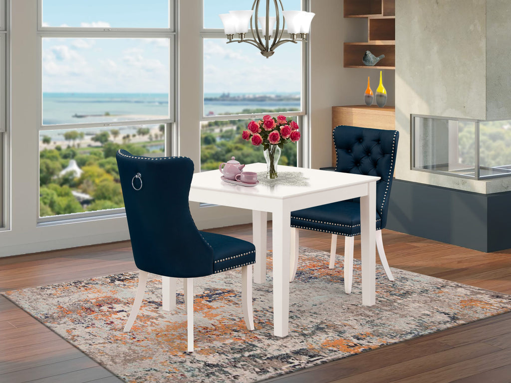 East West Furniture OXDA3-LWH-29 3 Piece Dining Room Table Set Includes a Square Kitchen Table and 2 Upholstered Parson Chairs, 36x36 Inch, linen white