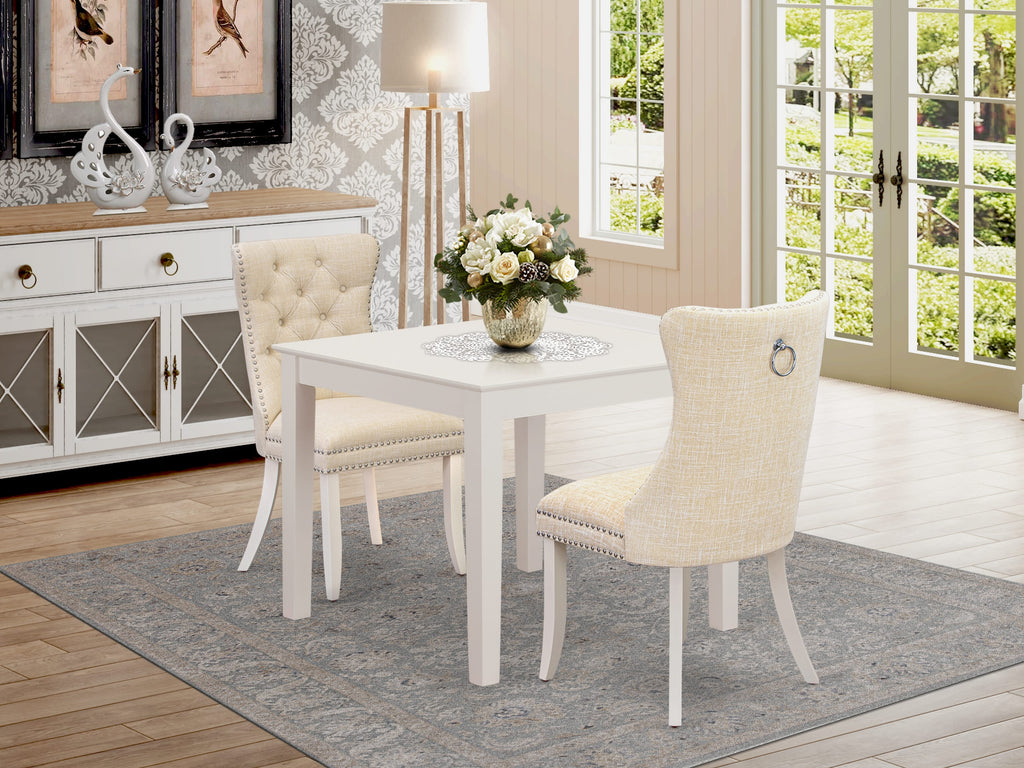 East West Furniture OXDA3-LWH-32 3 Piece Dining Table Set Contains a Square Kitchen Table and 2 Upholstered Parson Chairs, 36x36 Inch, linen white