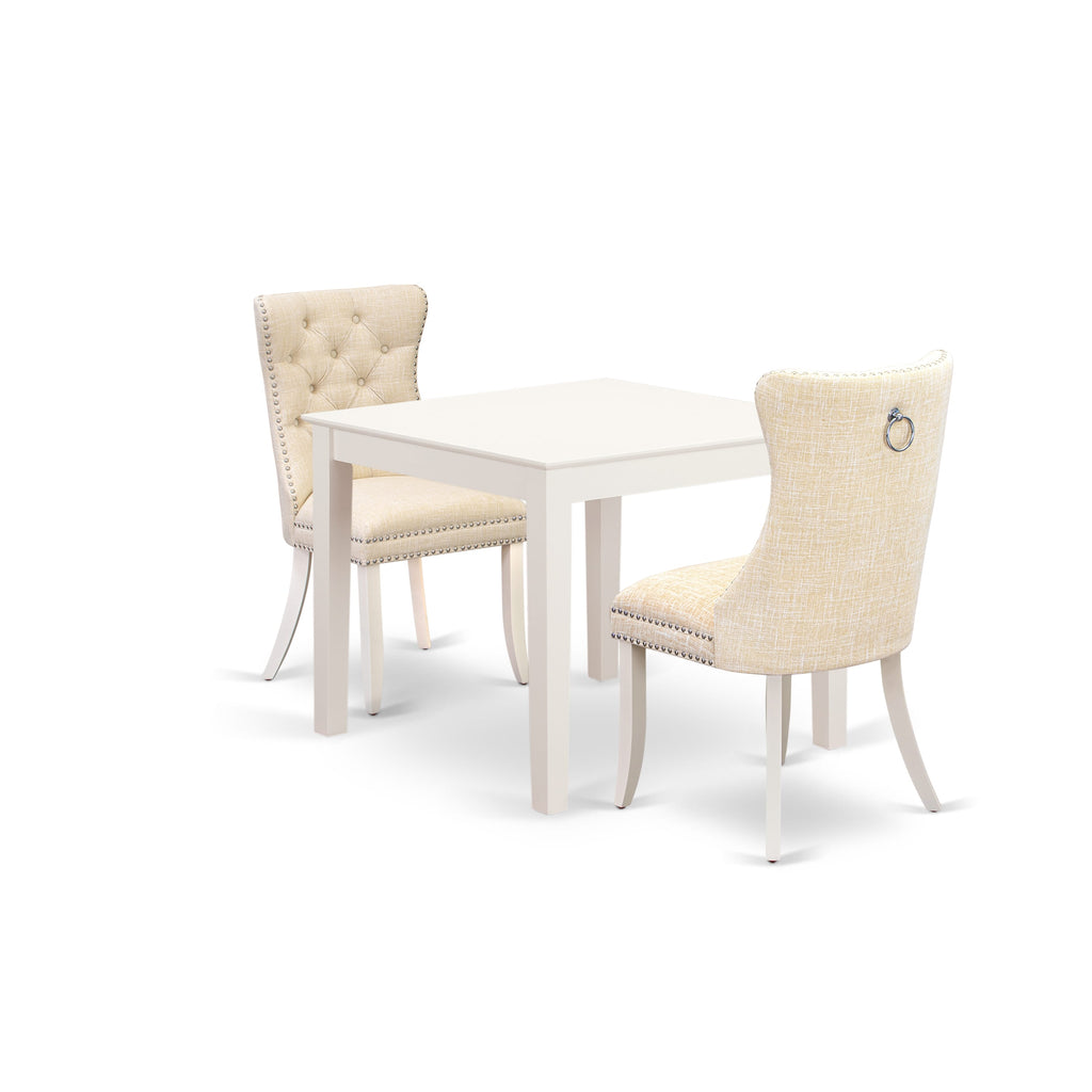 East West Furniture OXDA3-LWH-32 3 Piece Dining Table Set Contains a Square Kitchen Table and 2 Upholstered Parson Chairs, 36x36 Inch, linen white