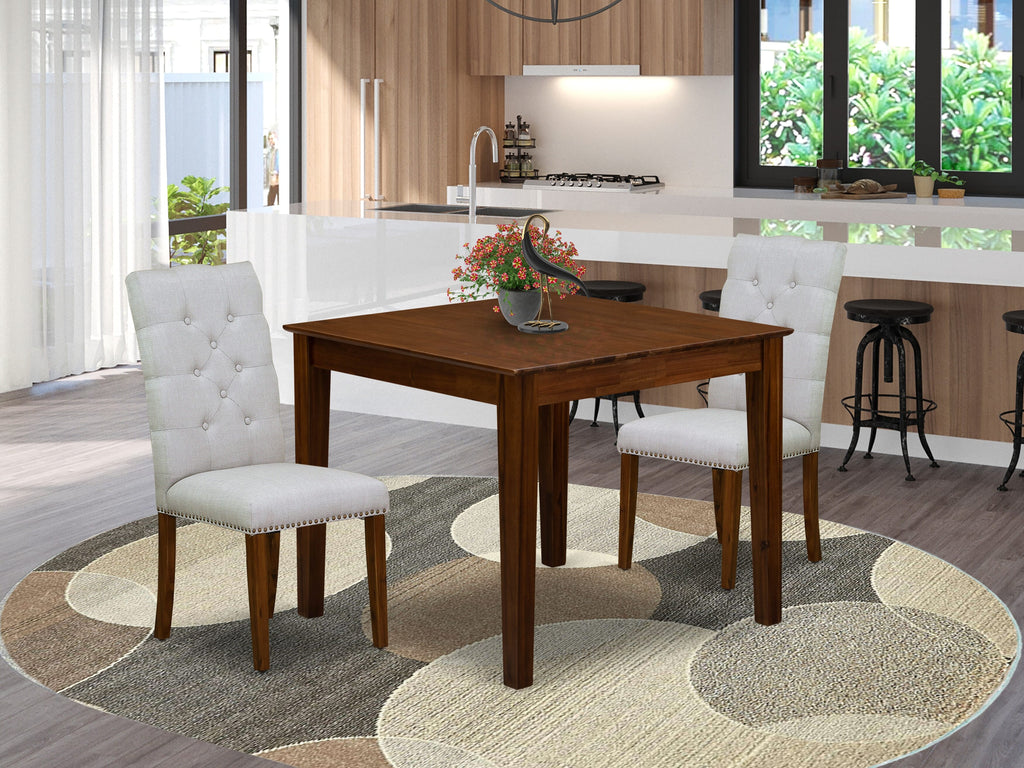East West Furniture OXEL3-AWA-05 3 Piece Dining Room Table Set  Contains a Square Dinette Table and 2 Upholstered Chairs, 36x36 Inch, Antique Walnut