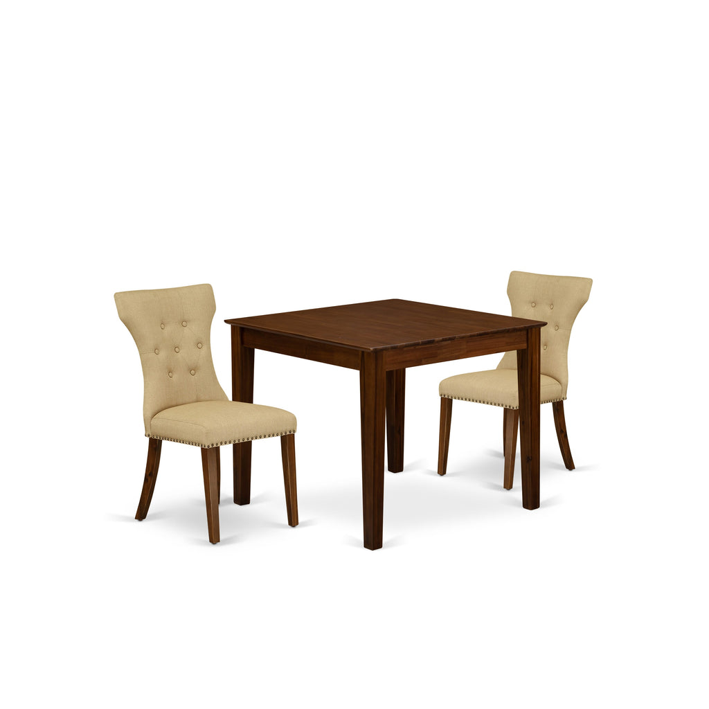 East West Furniture OXGA3-AWA-03 3 Piece Dining Room Table Set Includes a Square Kitchen Table and 2 Upholstered Chairs, 36x36 Inch, Antique Walnut