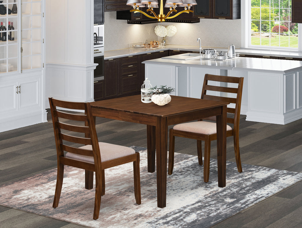 East West Furniture OXX13-AWA-04 3-piece Dining Room Table Set consists of a square Kitchen Table and 2 Light Tan Linen Fabric stackable Chair, Antique Walnut Finish.