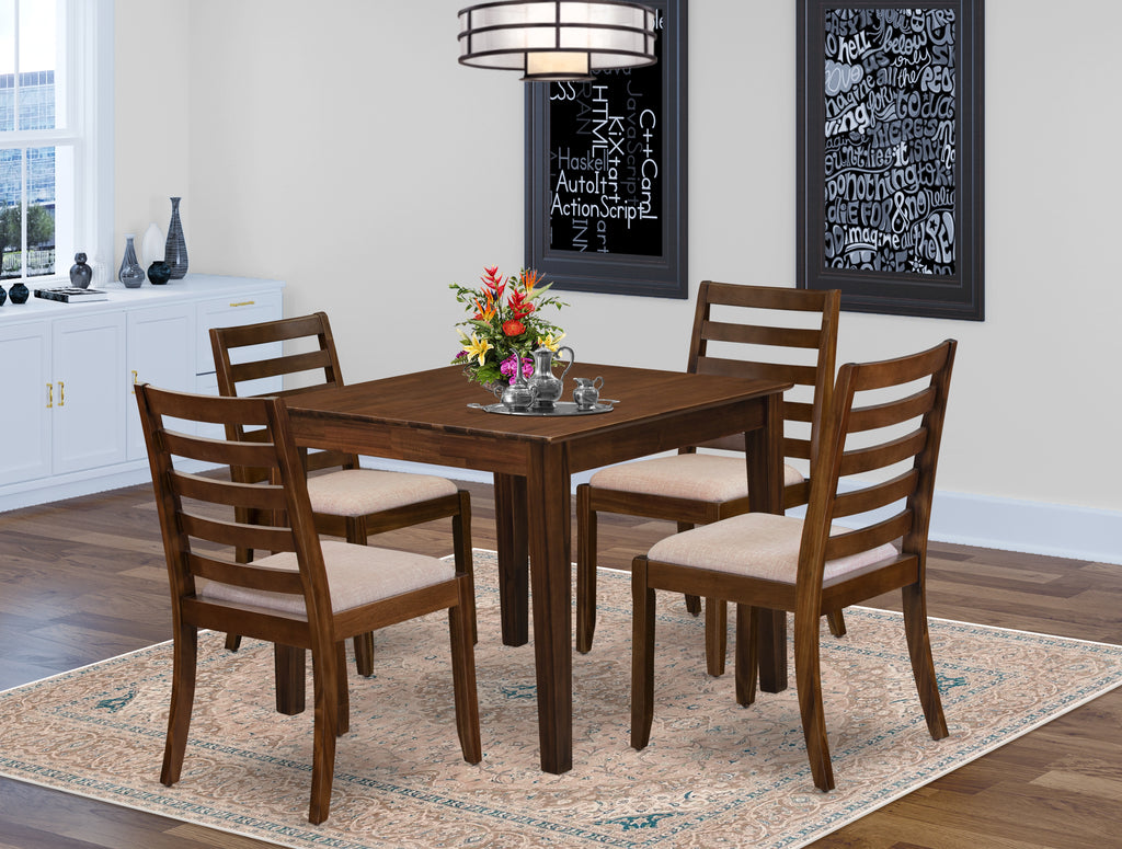 East West Furniture OXX15-AWA-04 5-piece Kitchen Table set included a square Kitchen Table and 4 Light Tan Linen Fabric stackable Chair, Antique Walnut Finish.