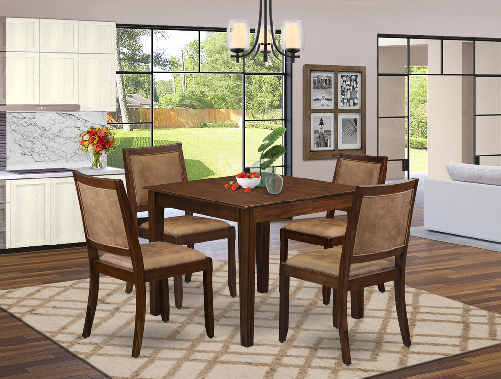 East West Furniture OXX25-AWA-28 5-piece Kitchen Table set consists of a square Kitchen Table and 4 Brown Texture Faux leather stackable Chair, Antique Walnut Finish.