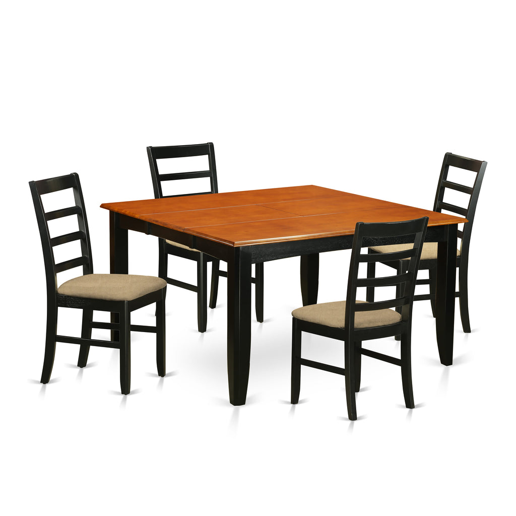 East West Furniture PARF5-BCH-C 5 Piece Modern Dining Table Set Includes a Square Wooden Table with Butterfly Leaf and 4 Linen Fabric Upholstered Dining Chairs, 54x54 Inch, Black & Cherry