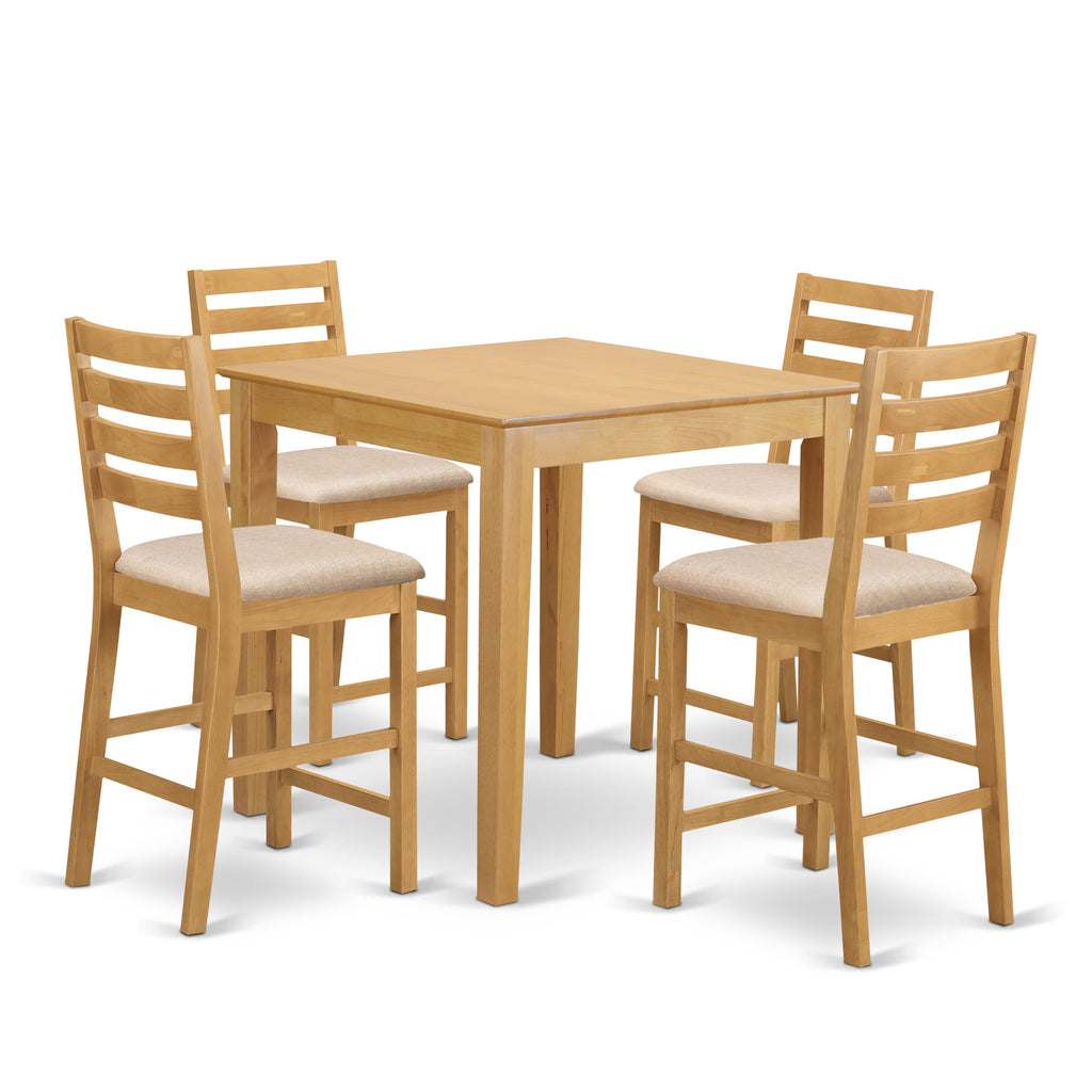 East West Furniture PBCF5-OAK-C 5 Piece Kitchen Counter Height Dining Table Set Includes a Square Pub Table and 4 Linen Fabric Upholstered Chairs, 36x36 Inch, Oak