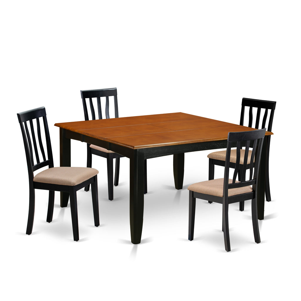 East West Furniture PFAN5-BCH-C 5 Piece Kitchen Table Set for 4 Includes a Square Dining Room Table with Butterfly Leaf and 4 Linen Fabric Upholstered Chairs, 54x54 Inch, Black & Cherry