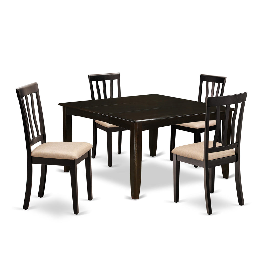 East West Furniture PFAN5-CAP-C 5 Piece Dining Room Table Set Includes a Square Kitchen Table with Butterfly Leaf and 4 Linen Fabric Upholstered Dining Chairs, 54x54 Inch, Cappuccino