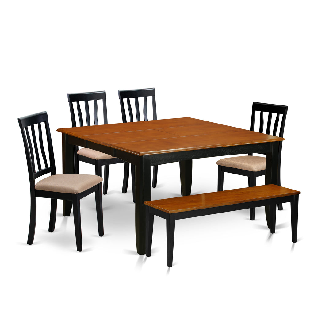 East West Furniture PFAN6-BCH-C 6 Piece Dining Set Contains a Square Dining Table with Butterfly Leaf and 4 Linen Fabric Upholstered Chairs with a Bench, 54x54 Inch, Black & Cherry