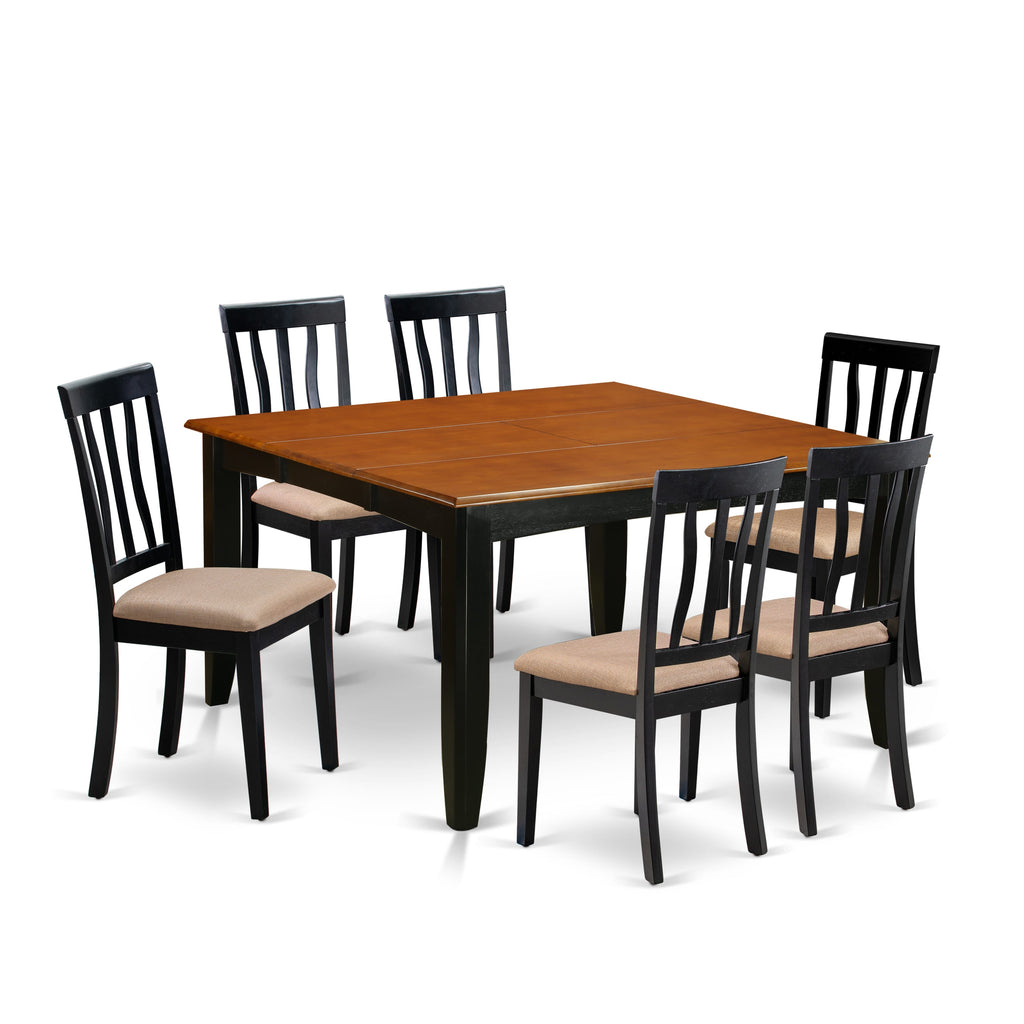 East West Furniture PFAN7-BCH-C 7 Piece Kitchen Table Set Consist of a Square Dining Table with Butterfly Leaf and 6 Linen Fabric Dining Room Chairs, 54x54 Inch, Black & Cherry