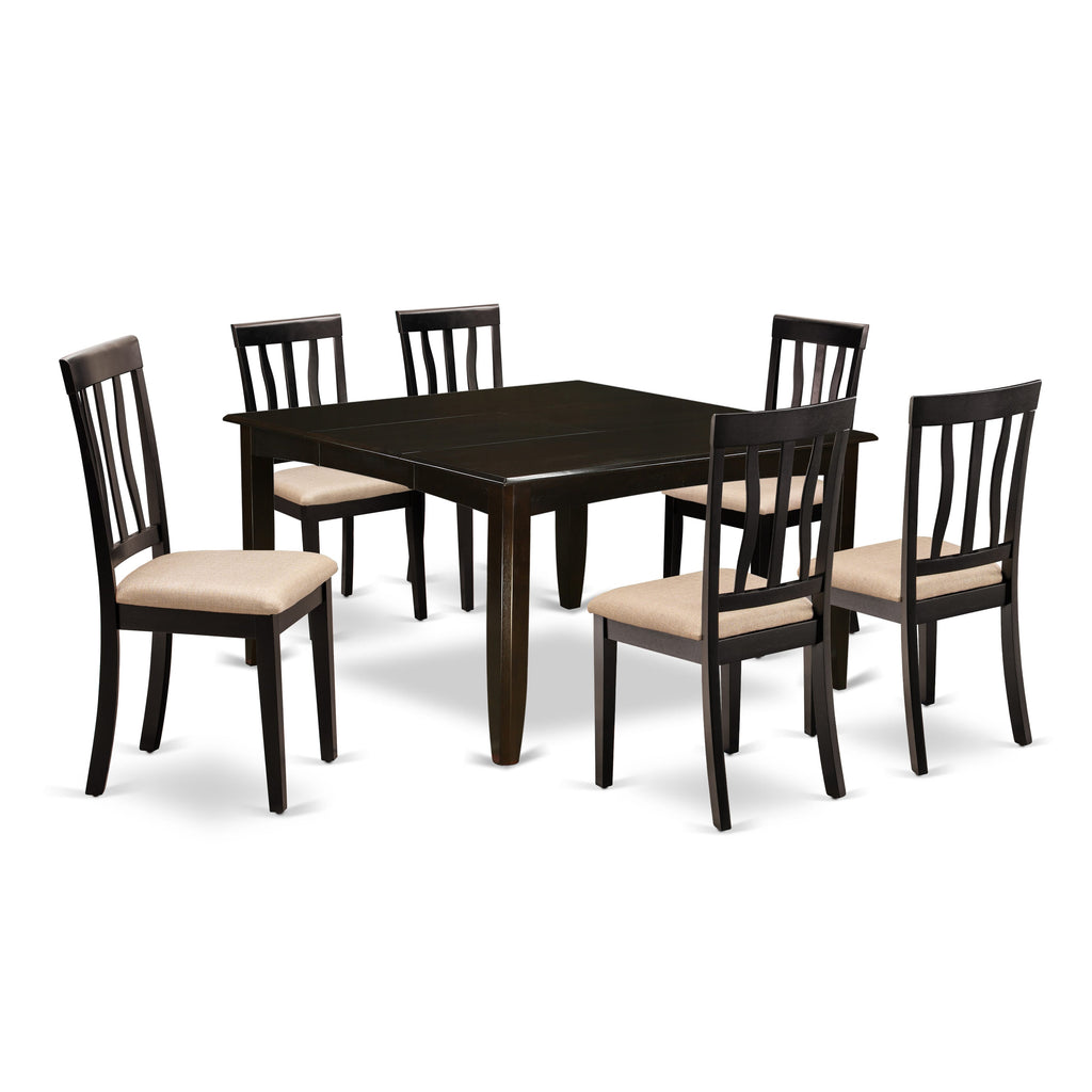 East West Furniture PFAN7-CAP-C 7 Piece Dining Room Table Set Consist of a Square Wooden Table with Butterfly Leaf and 6 Linen Fabric Kitchen Dining Chairs, 54x54 Inch, Cappuccino