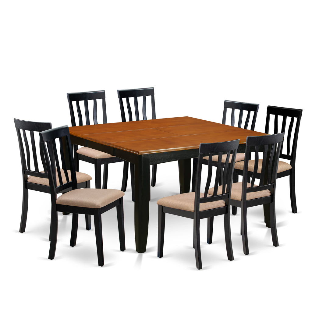 East West Furniture PFAN9-BCH-C 9 Piece Dining Room Set Includes a Square Kitchen Table with Butterfly Leaf and 8 Linen Fabric Upholstered Dining Chairs, 54x54 Inch, Black & Cherry