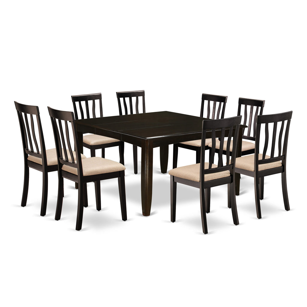 East West Furniture PFAN9-CAP-C 9 Piece Modern Dining Table Set Includes a Square Wooden Table with Butterfly Leaf and 8 Linen Fabric Dining Room Chairs, 54x54 Inch, Cappuccino