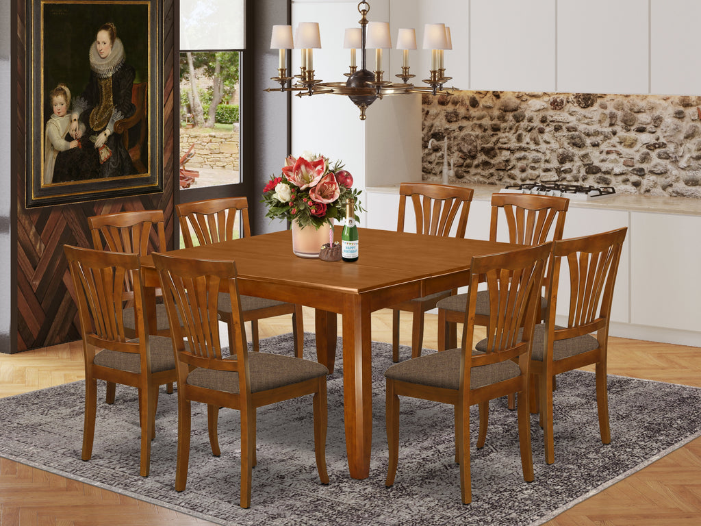 East West Furniture PFAV9-SBR-C 9 Piece Dining Room Table Set Includes a Square Kitchen Table with Butterfly Leaf and 8 Linen Fabric Upholstered Dining Chairs, 54x54 Inch, Saddle Brown