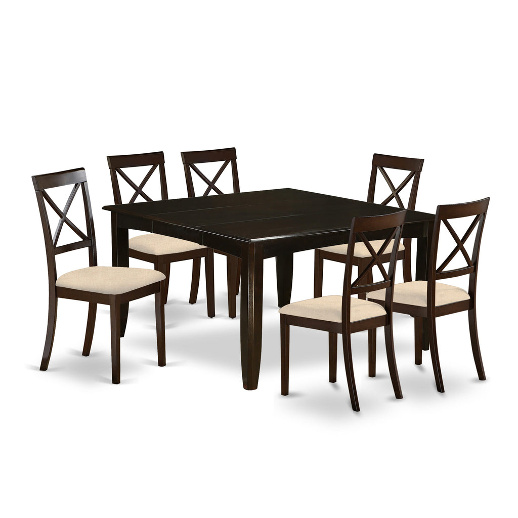 East West Furniture PFBO7-CAP-C 7 Piece Dining Set Consist of a Square Dining Room Table with Butterfly Leaf and 6 Linen Fabric Upholstered Kitchen Chairs, 54x54 Inch, Cappuccino
