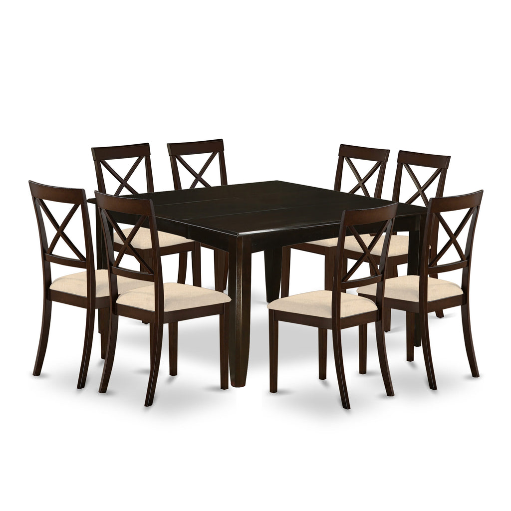 East West Furniture PFBO9-CAP-C 9 Piece Dining Table Set Includes a Square Wooden Table with Butterfly Leaf and 8 Linen Fabric Dining Room Chairs, 54x54 Inch, Cappuccino