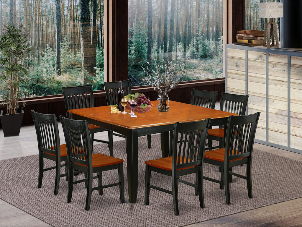 East West Furniture PFNO9-BCH-W 9 Piece Dining Room Table Set Includes a Square Kitchen Table with Butterfly Leaf and 8 Dining Chairs, 54x54 Inch, Black & Cherry