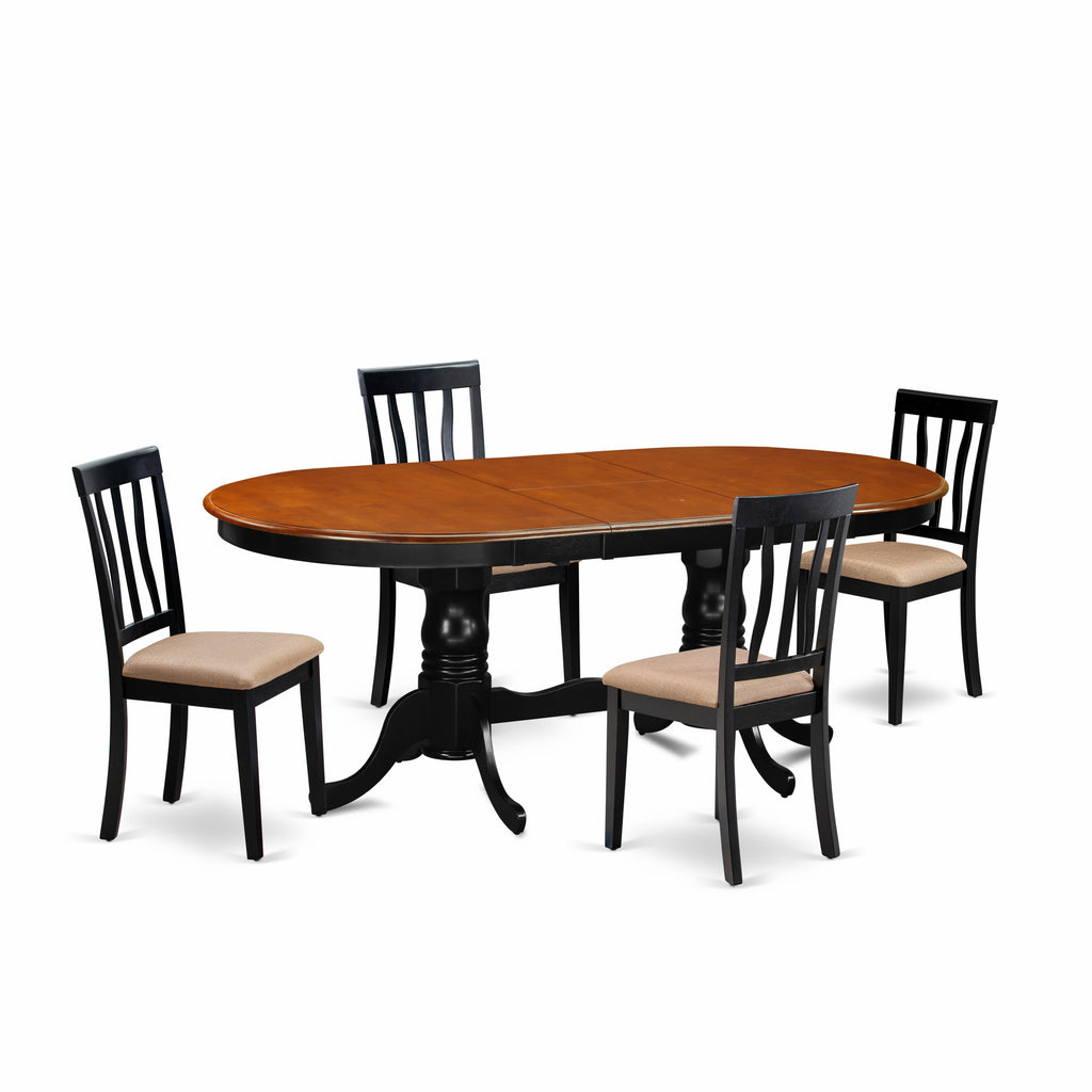 East West Furniture PLAN5-BCH-C 5 Piece Dining Room Table Set Includes an Oval Wooden Table with Butterfly Leaf and 4 Linen Fabric Kitchen Dining Chairs, 42x78 Inch, Black & Cherry