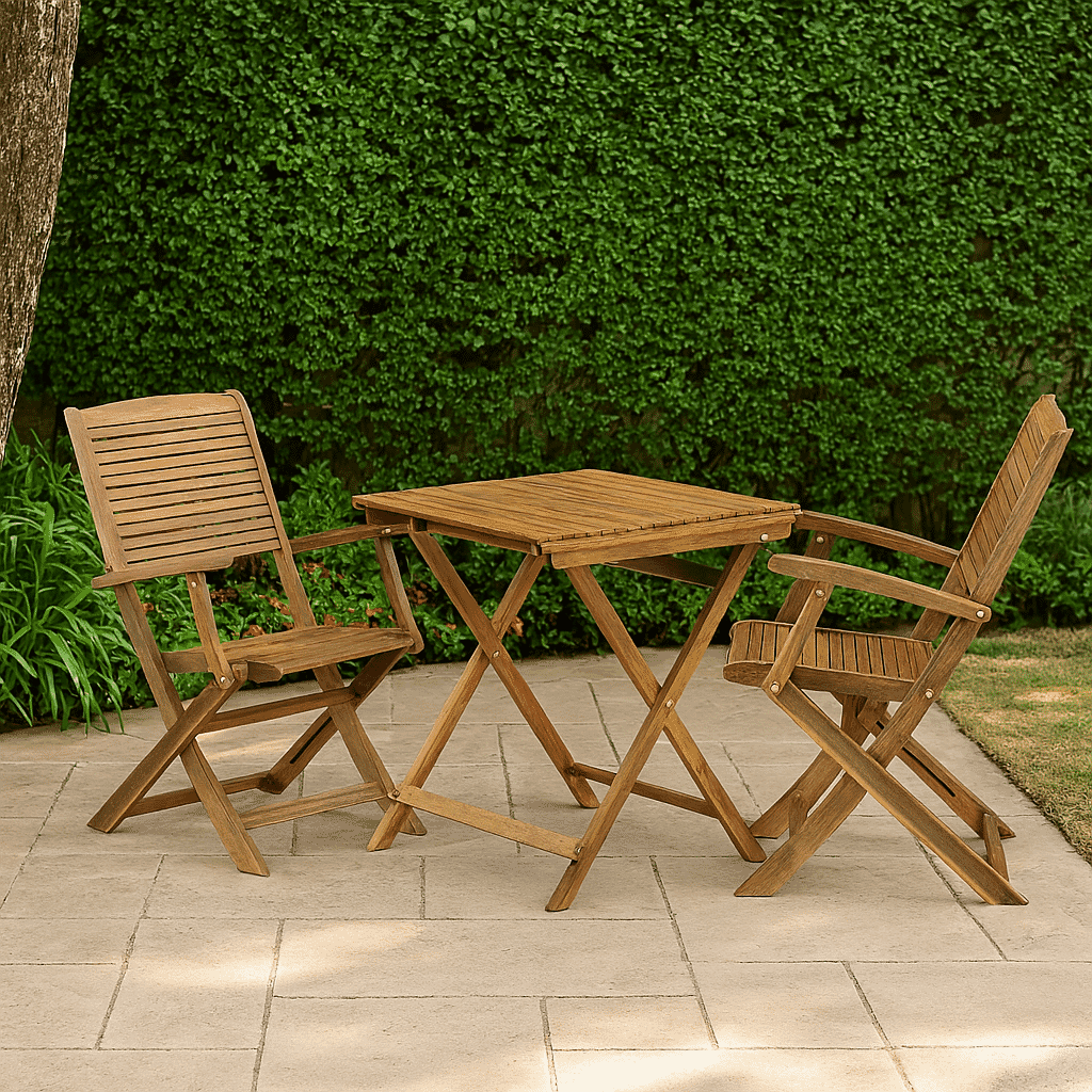 East West Furniture SEHD3CANA 3 Piece Patio Bistro Sets Wood Table Set Contains a Square Outdoor Acacia Wood Coffee Table and 2 Folding Arm Chairs, 26x26 Inch, Natural Oil