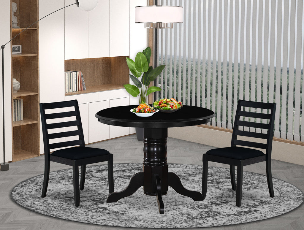 East West Furniture SHX13-BLK-24 -3 Piece Dining Set Includes a Round Kitchen Table with Black Tabletop & 2 Stackable Linen Fabric Chairs, Black