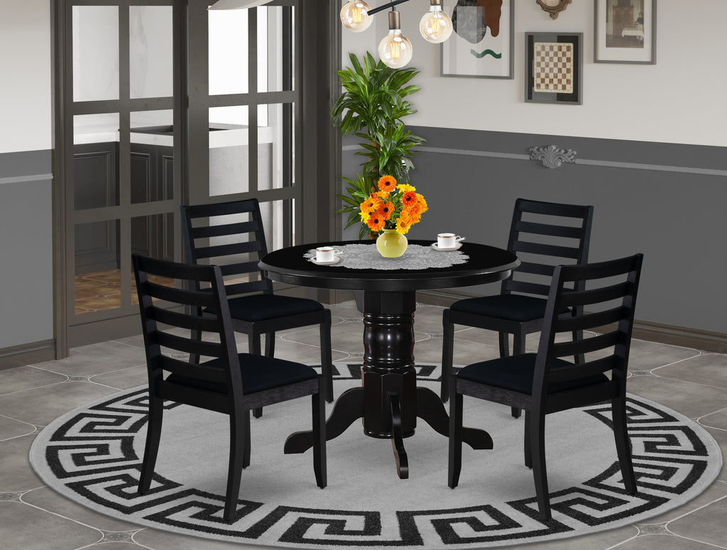 East West Furniture SHX15-BLK-24 -5 Piece Dining Set Includes a Round Kitchen Table with Black Tabletop & 4 Stackable Linen Fabric Chairs, Black