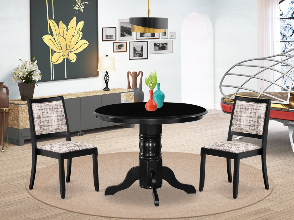 East West Furniture SHX23-BLK-30 -3 Piece Dining Set Includes a Round Kitchen Table with Black Tabletop & 2 Stackable Faux Leather Chairs, Black