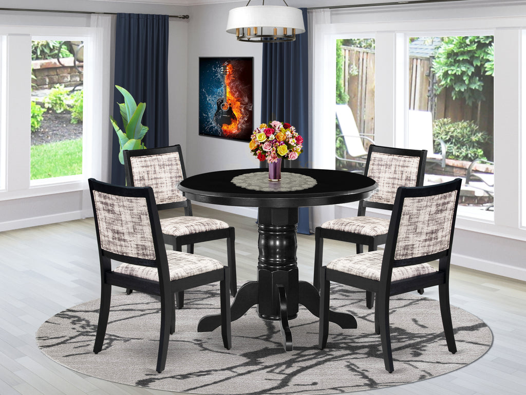 East West Furniture SHX25-BLK-30 -5 Piece Dining Set Includes a Round Kitchen Table with Black Tabletop & 4 Stackable Faux Leather Chairs, Black