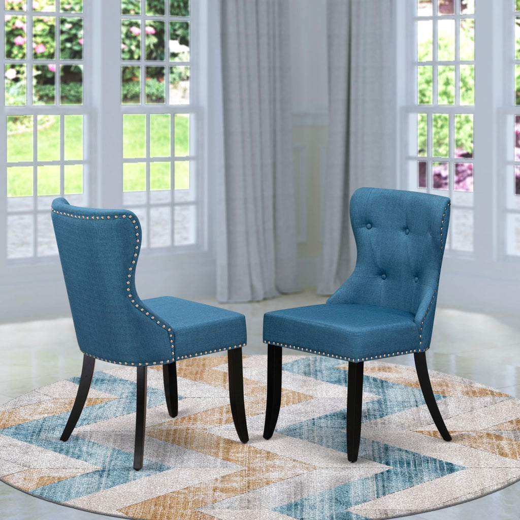 Luxe by East West Furniture - NESI5-SBB-21 - 5-piece Mid Century Dining Set consists of a Kitchen Table and 4 Blue Linen Fabric Dinner Chairs with Button Tufted Back - Sand Blasting Black Finish