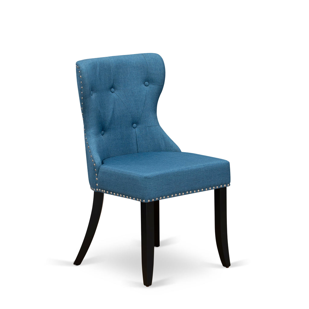 Luxe by East West Furniture - NESI5-SBB-21 - 5-piece Mid Century Dining Set consists of a Kitchen Table and 4 Blue Linen Fabric Dinner Chairs with Button Tufted Back - Sand Blasting Black Finish